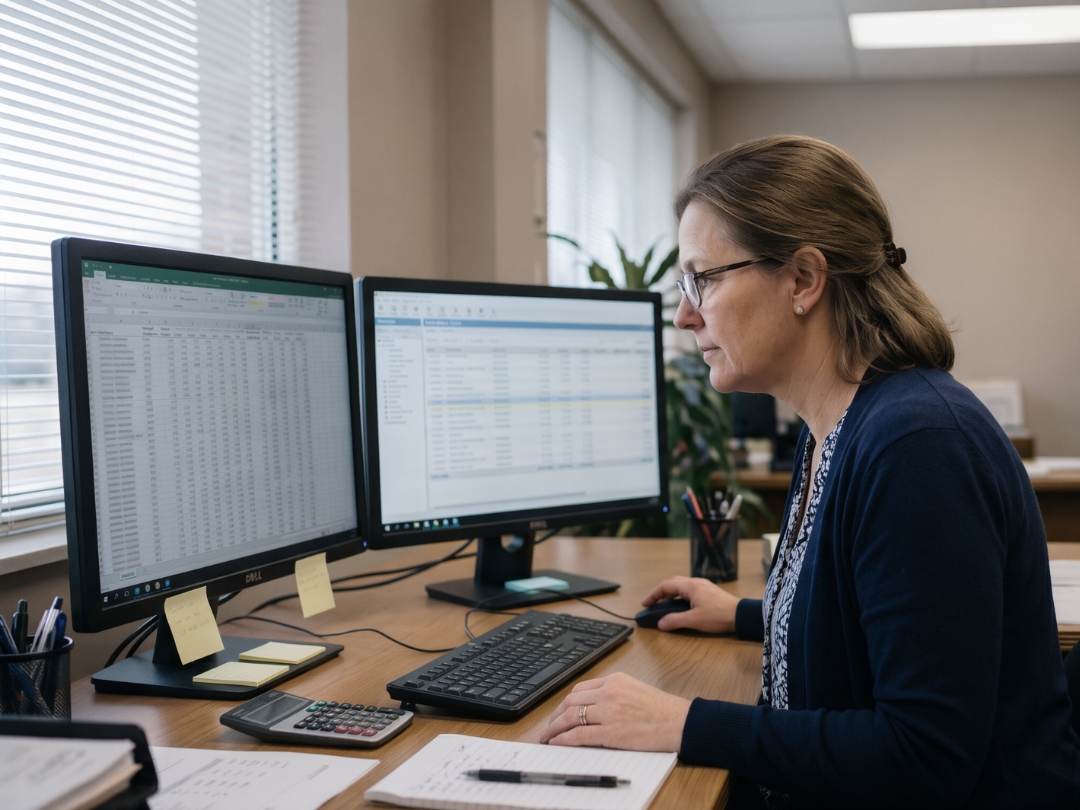 Agency accounting professional reviewing commission statements on dual monitors